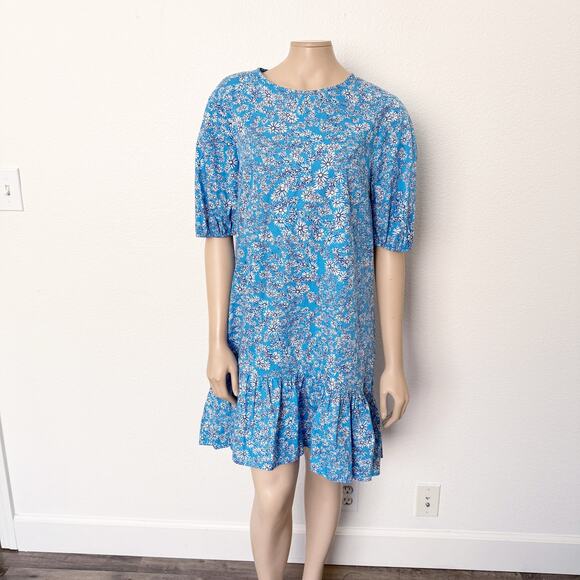 [Topshop] Blue Ditsy Floral Open Back Ruffle Hem Poplin Mini Shift Dress Size 10 - Picture 3 of 12